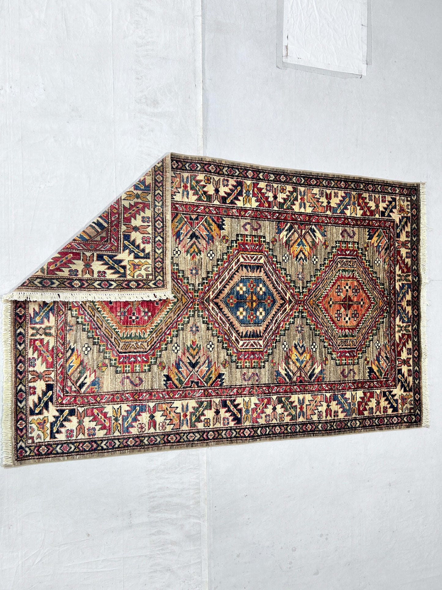 Brown & Ivory Premium Handwoven Pure Wool Super Kazak Rug, 3ft 4in x 5ft 0in