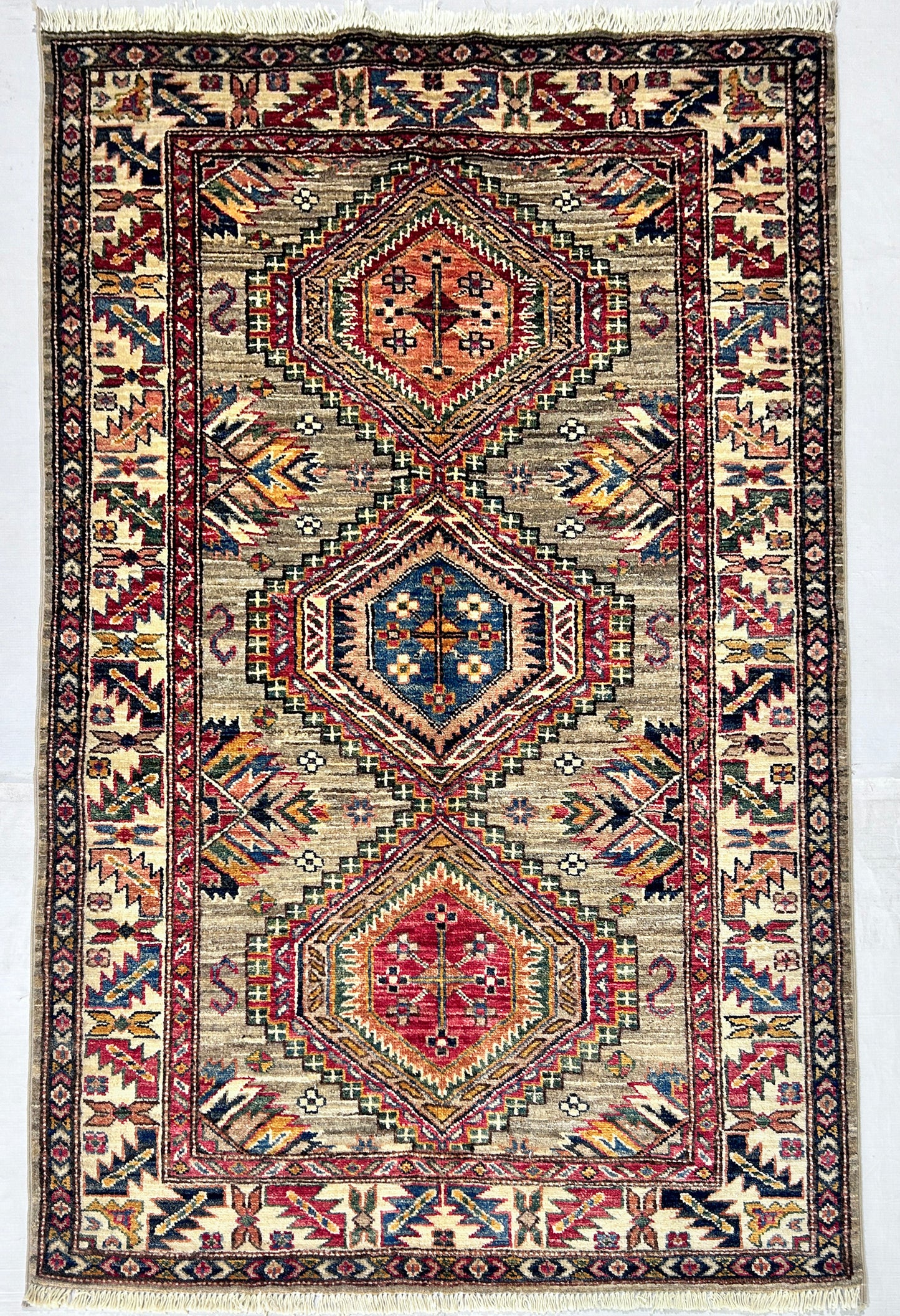 Brown & Ivory Premium Handwoven Pure Wool Super Kazak Rug, 3ft 4in x 5ft 0in