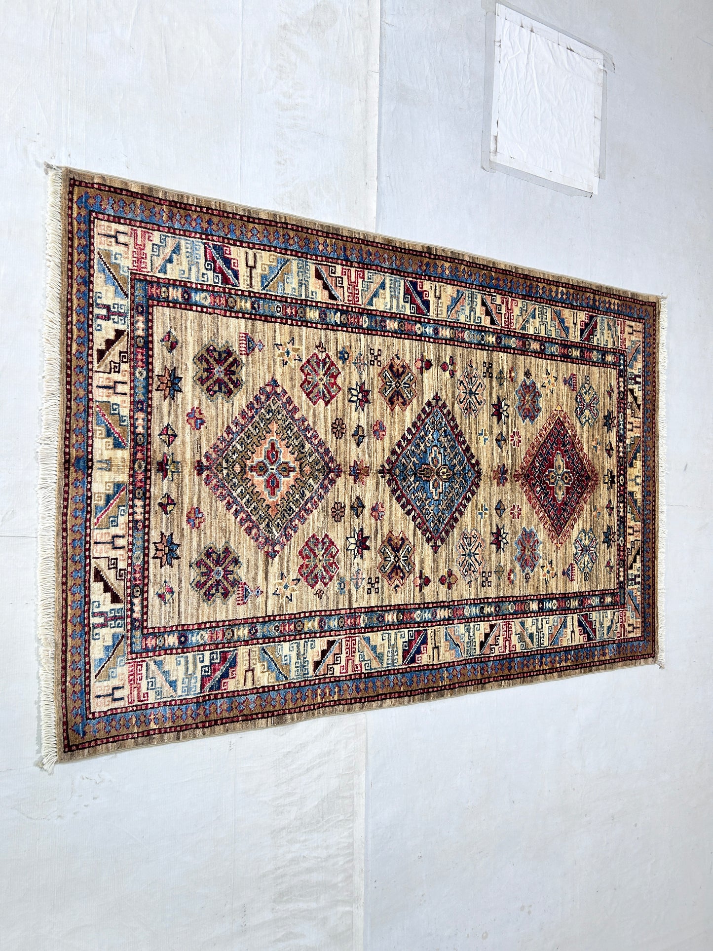 Brown & Ivory Premium Handwoven Pure Wool Super Kazak Rug, 3ft 4in x 5ft 1in