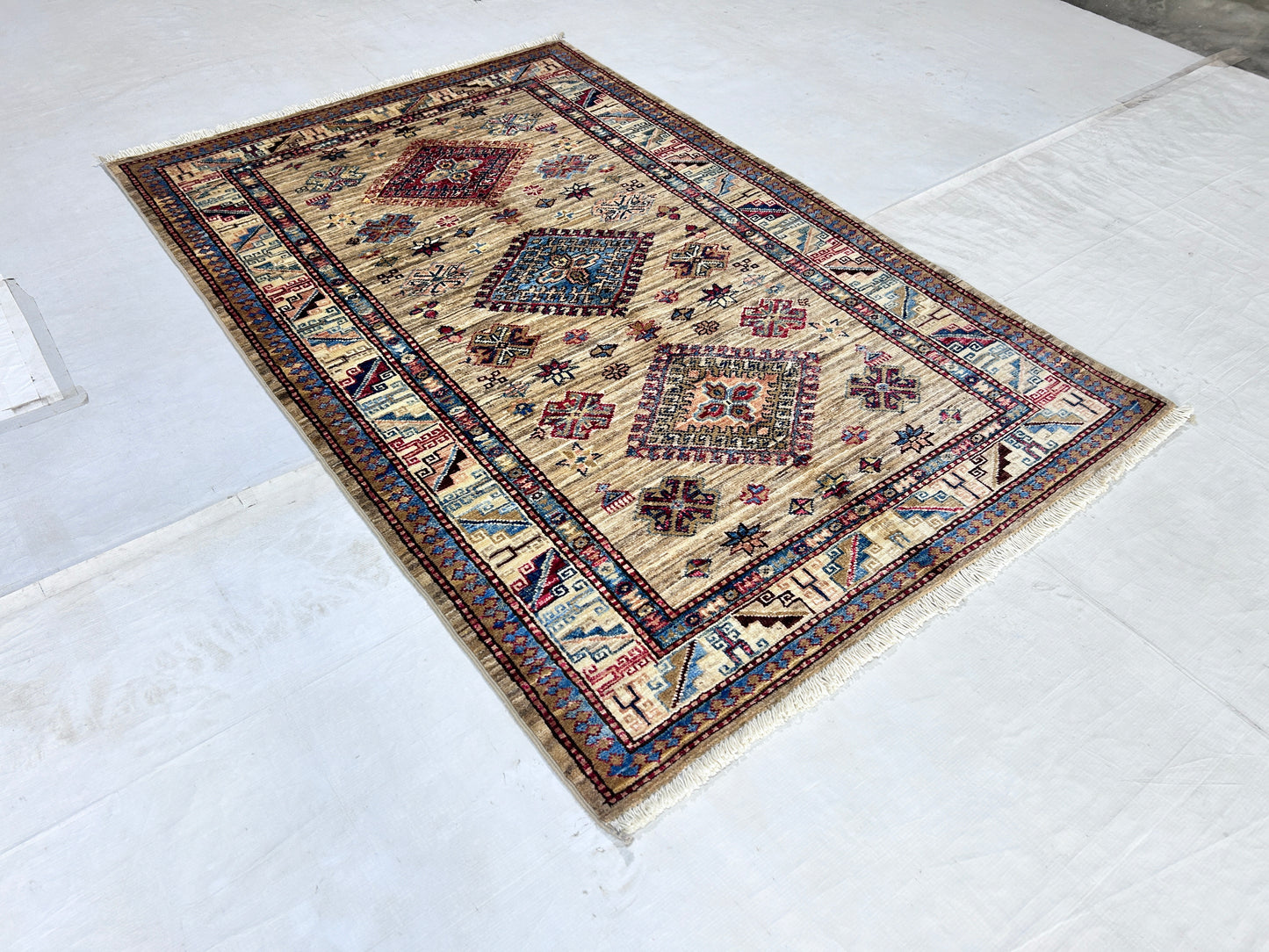 Brown & Ivory Premium Handwoven Pure Wool Super Kazak Rug, 3ft 4in x 5ft 1in