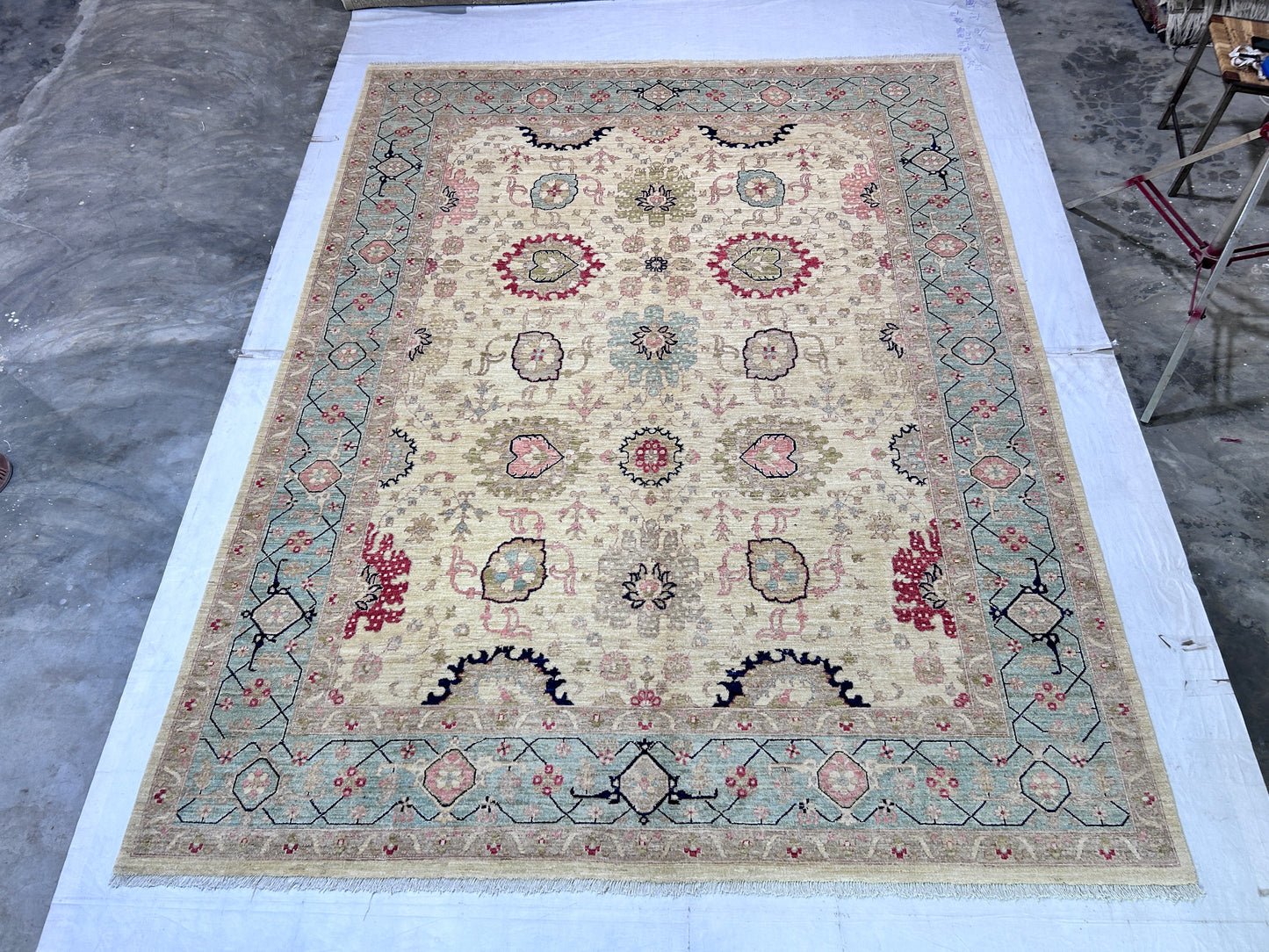 Beige & Sky Blue Premium Handwoven Pure Wool Bijar Rug, 9ft 1in x 11ft 10in