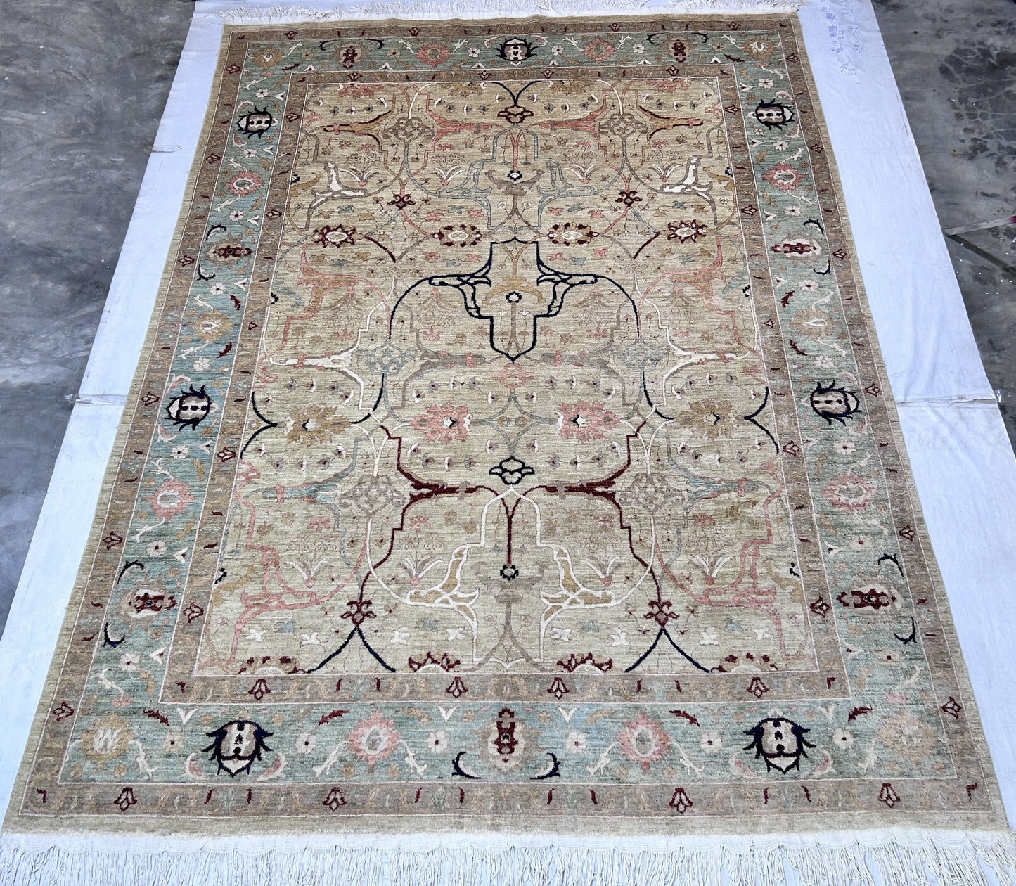 Beige & Sky Blue Premium Handwoven Pure Wool Bijar Rug, 8ft 8in x 11ft 6in