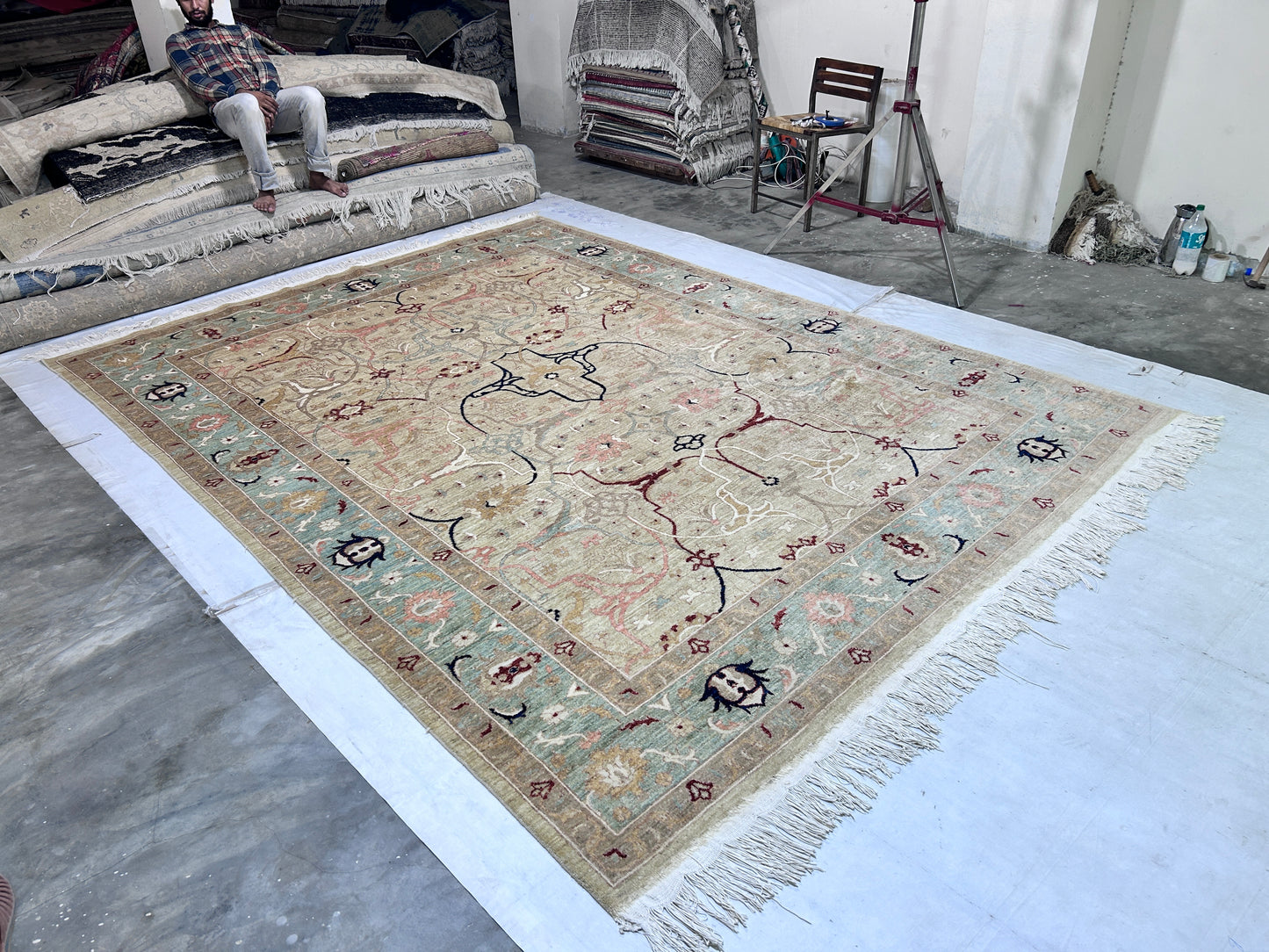 Beige & Sky Blue Premium Handwoven Pure Wool Bijar Rug, 8ft 8in x 11ft 6in