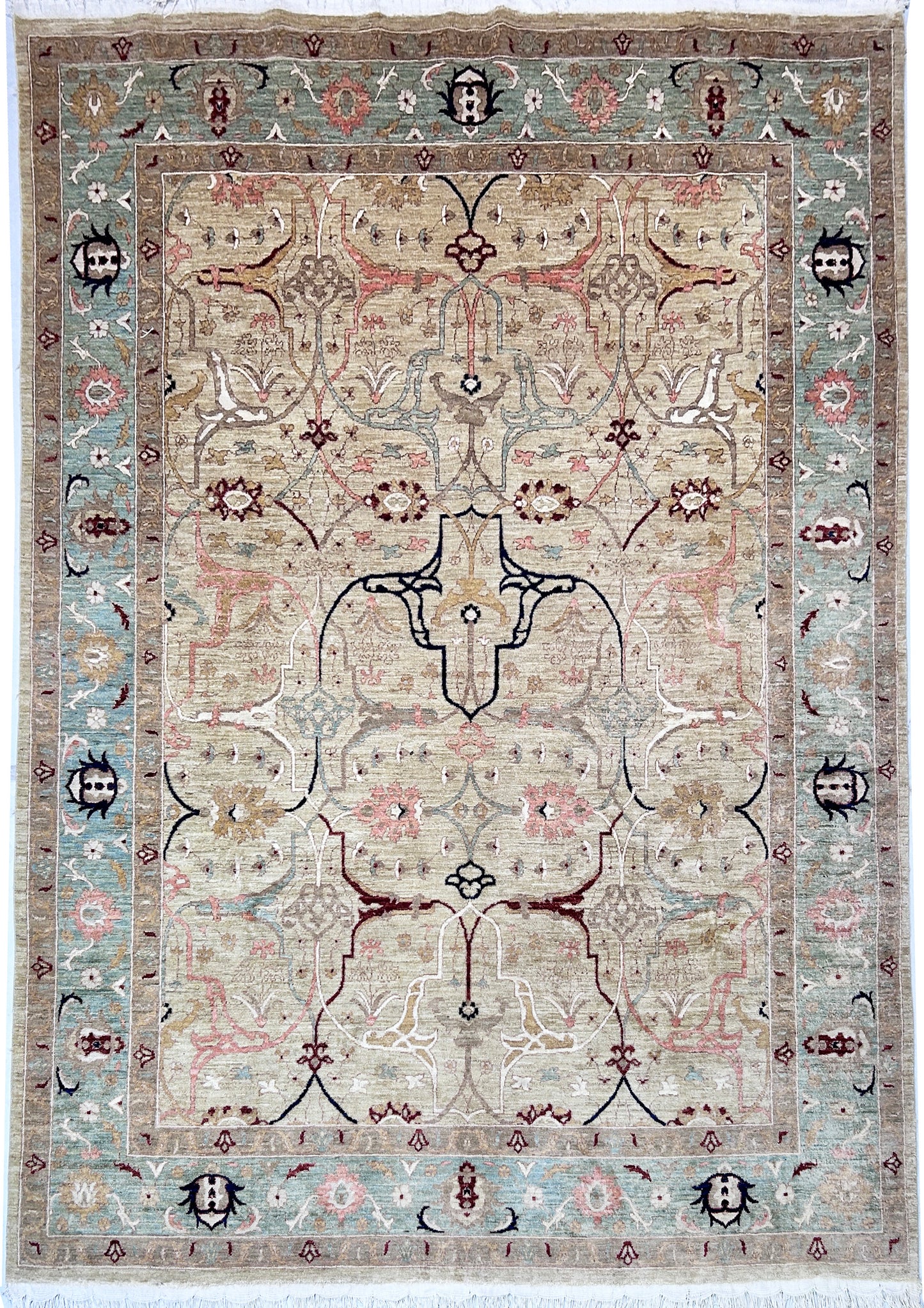 Beige & Sky Blue Premium Handwoven Pure Wool Bijar Rug, 8ft 8in x 11ft 6in