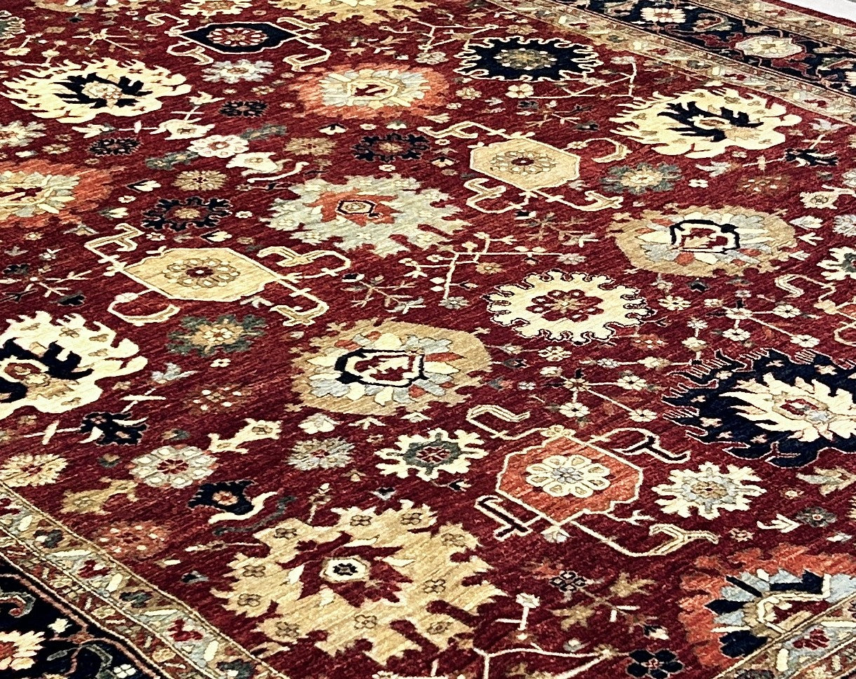 Rust & Navy Blue Premium Handwoven Pure Wool Chobrang Rug, 9ft 8in x 13ft 0in
