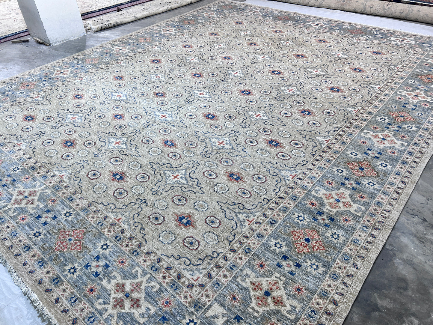 Beige & Grey Premium Handwoven Pure Wool Chobrang Rug, 12ft 0in x 14ft 6in