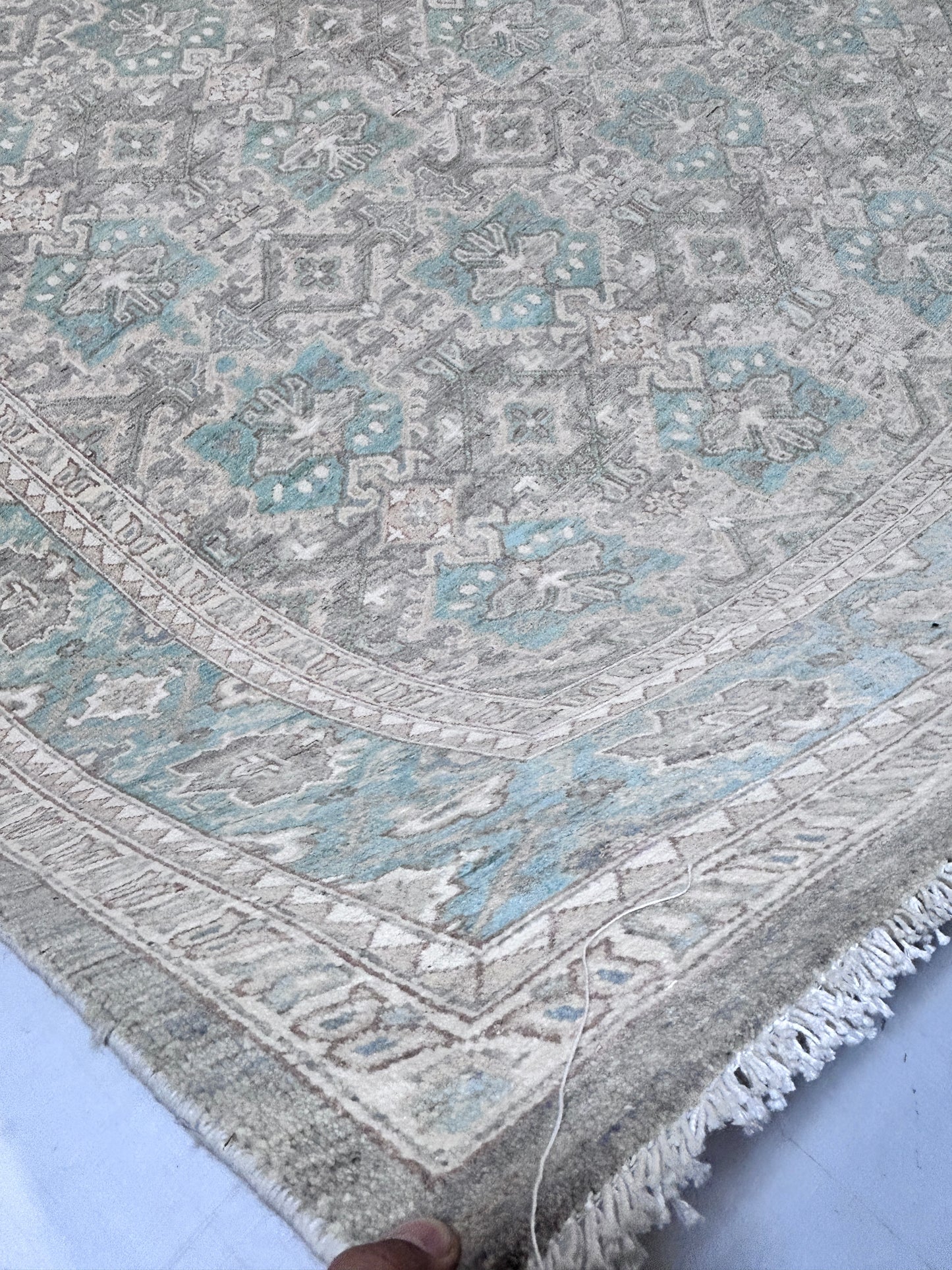 Grey & Teal Premium Handwoven Pure Wool Chobrang Rug, 9ft 1in x 12ft 3in