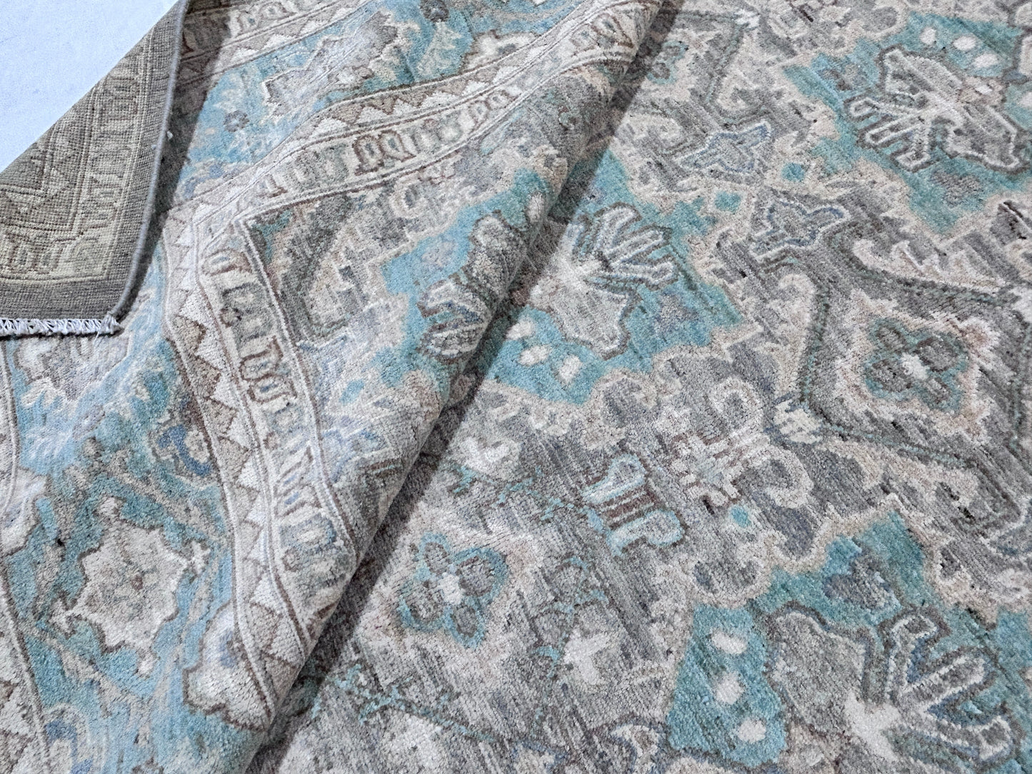 Grey & Teal Premium Handwoven Pure Wool Chobrang Rug, 9ft 1in x 12ft 3in
