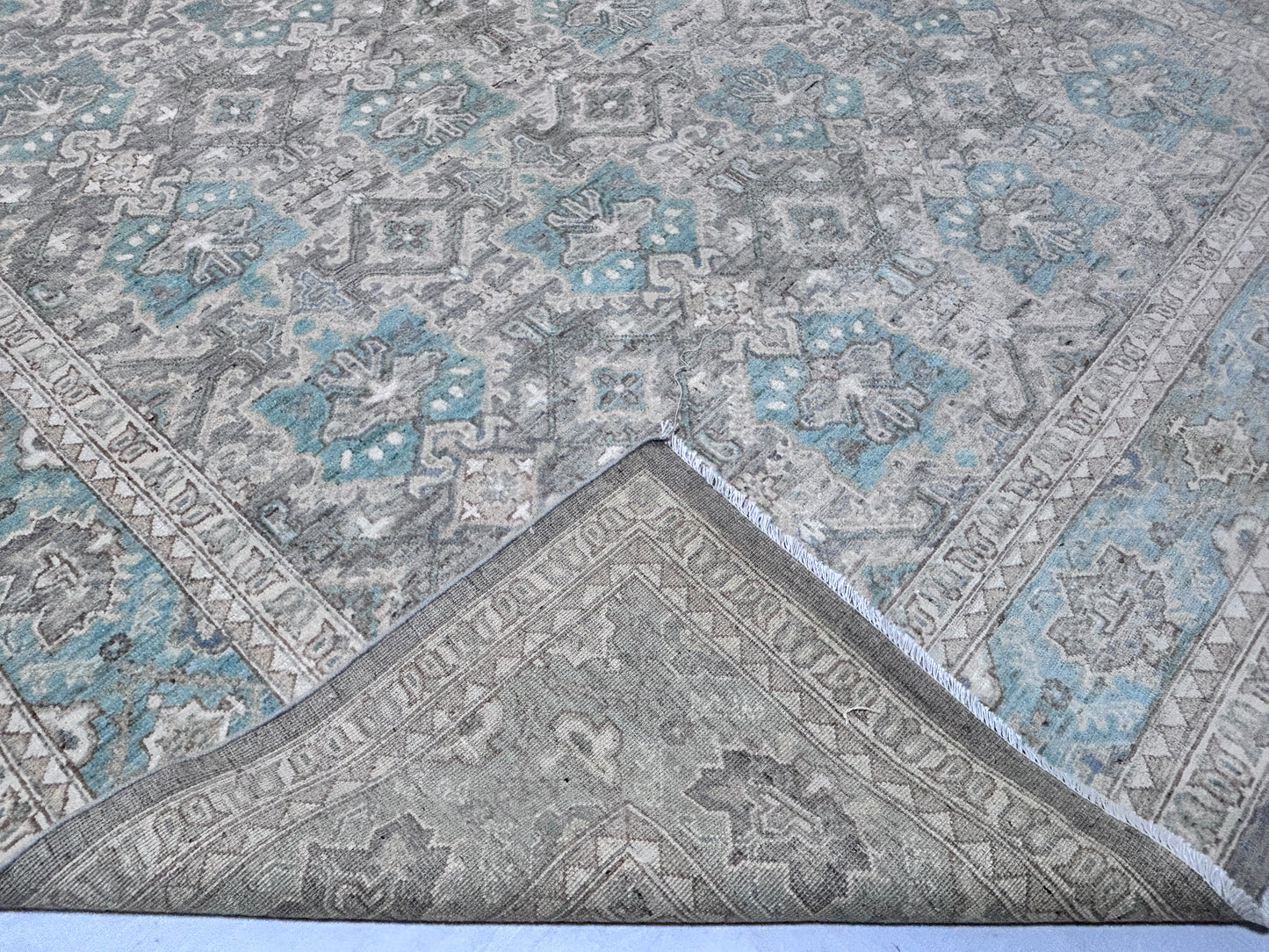 Grey & Teal Premium Handwoven Pure Wool Chobrang Rug, 9ft 1in x 12ft 3in