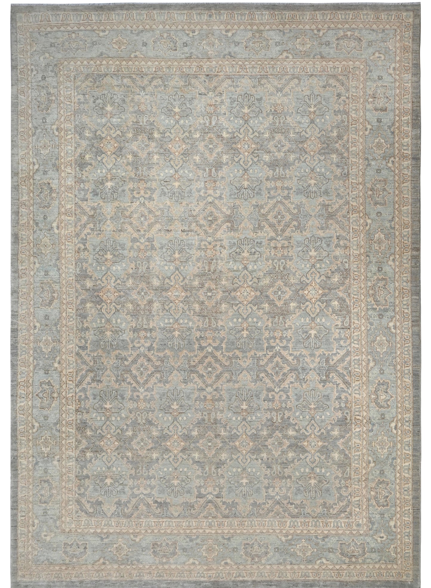Grey & Teal Premium Handwoven Pure Wool Chobrang Rug, 9ft 1in x 12ft 3in