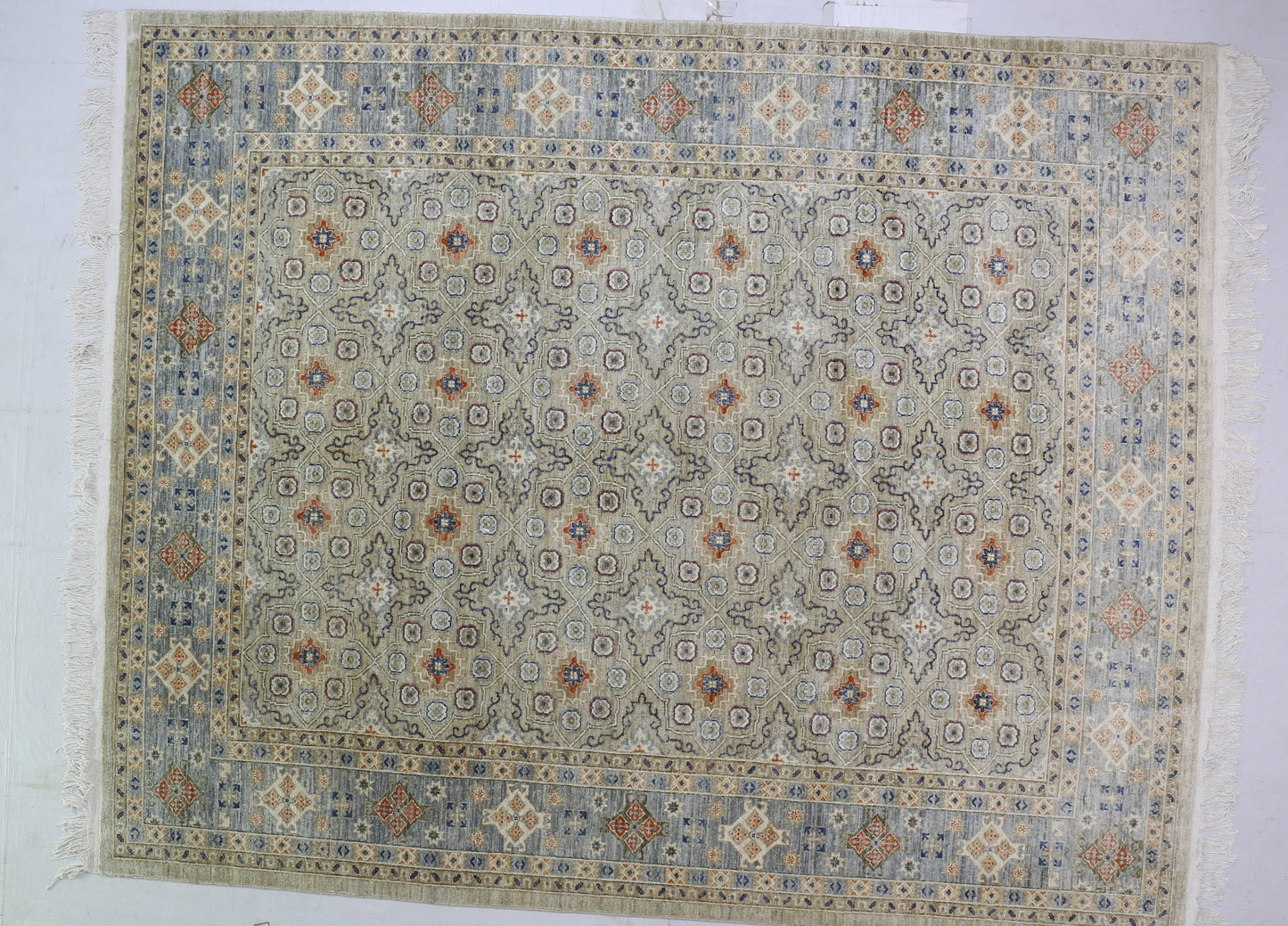 Beige & Grey Premium Handwoven Pure Wool Chobrang Rug, 8ft 0in x 9ft 11in