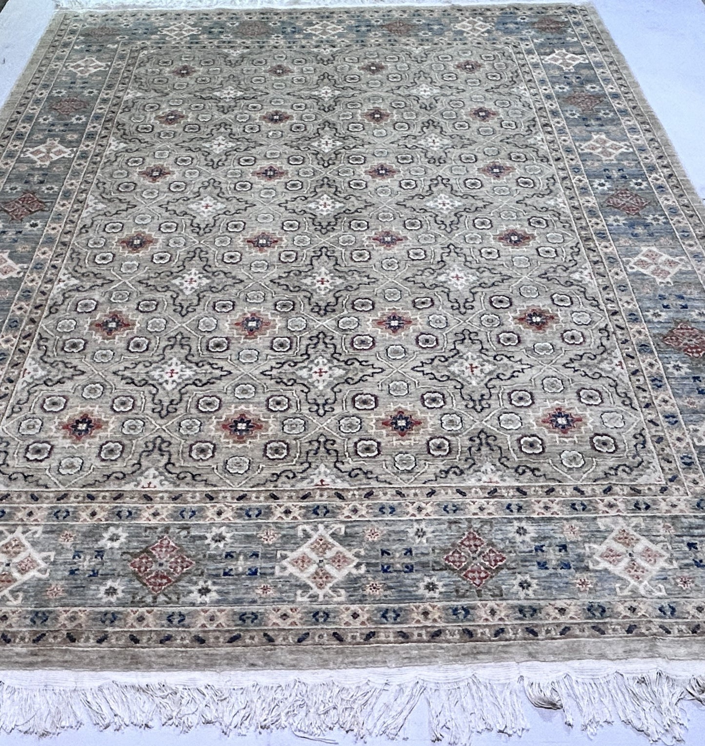 Beige & Grey Premium Handwoven Pure Wool Chobrang Rug, 8ft 0in x 9ft 11in