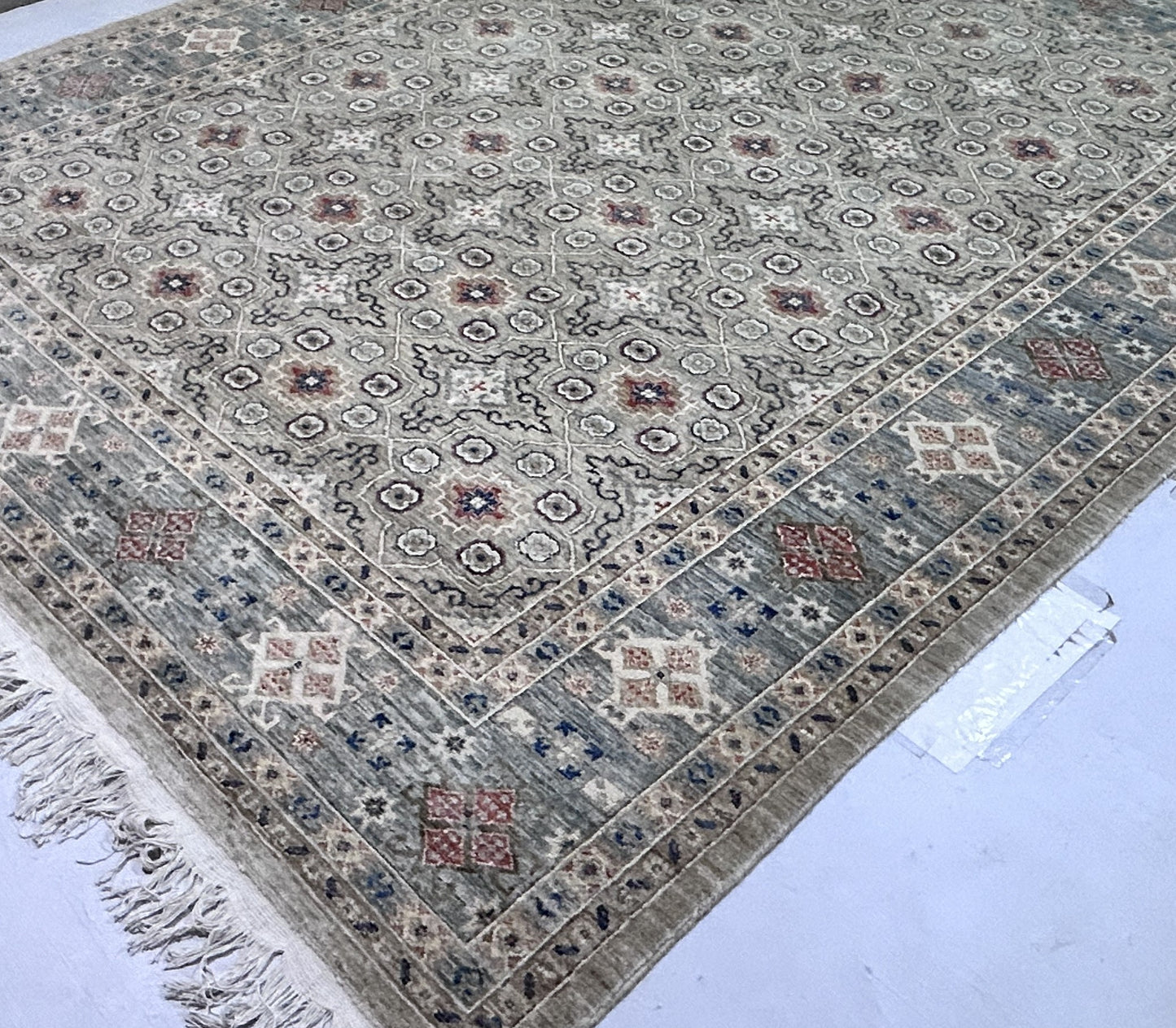 Beige & Grey Premium Handwoven Pure Wool Chobrang Rug, 8ft 0in x 9ft 11in