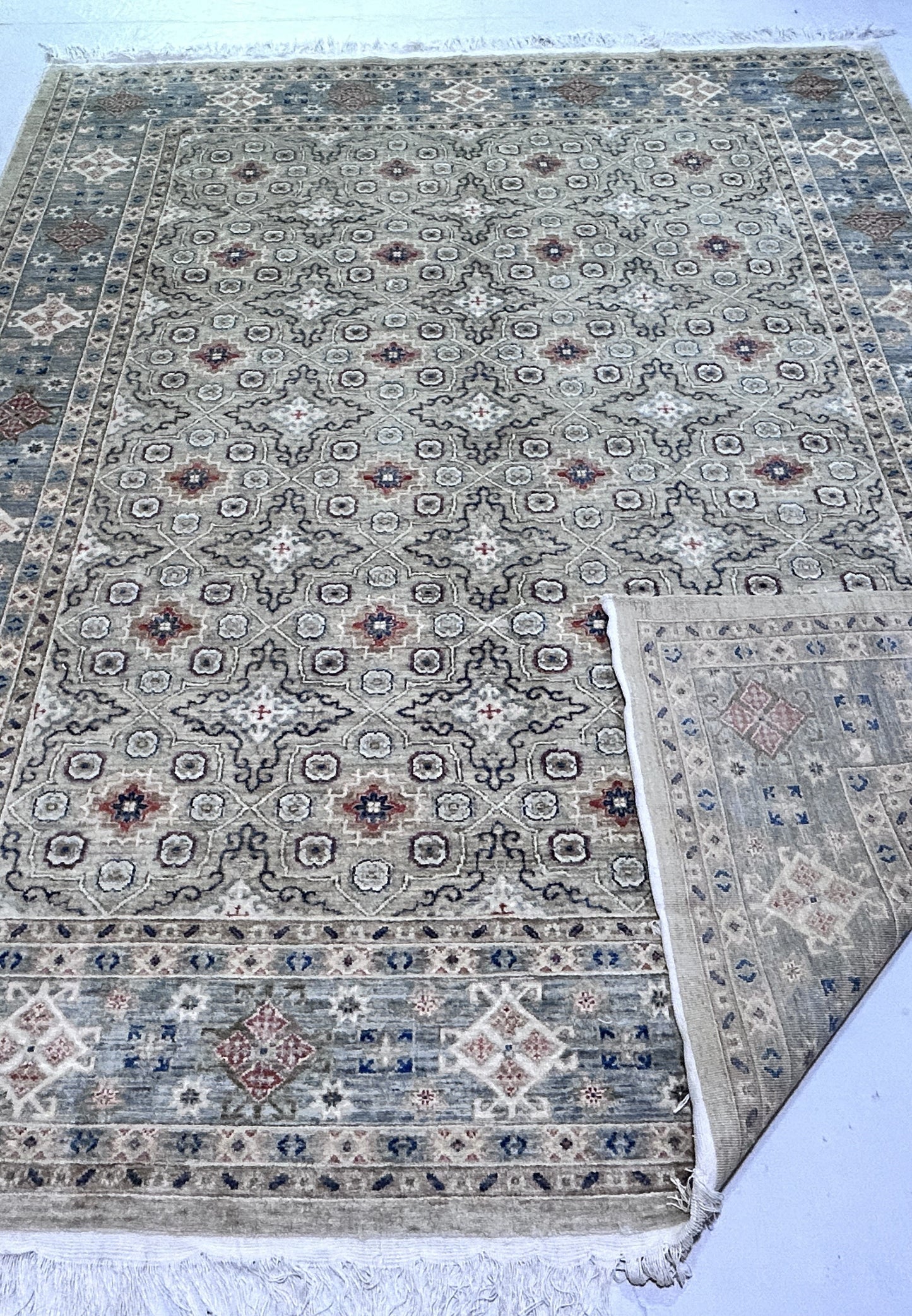 Beige & Grey Premium Handwoven Pure Wool Chobrang Rug, 8ft 0in x 9ft 11in