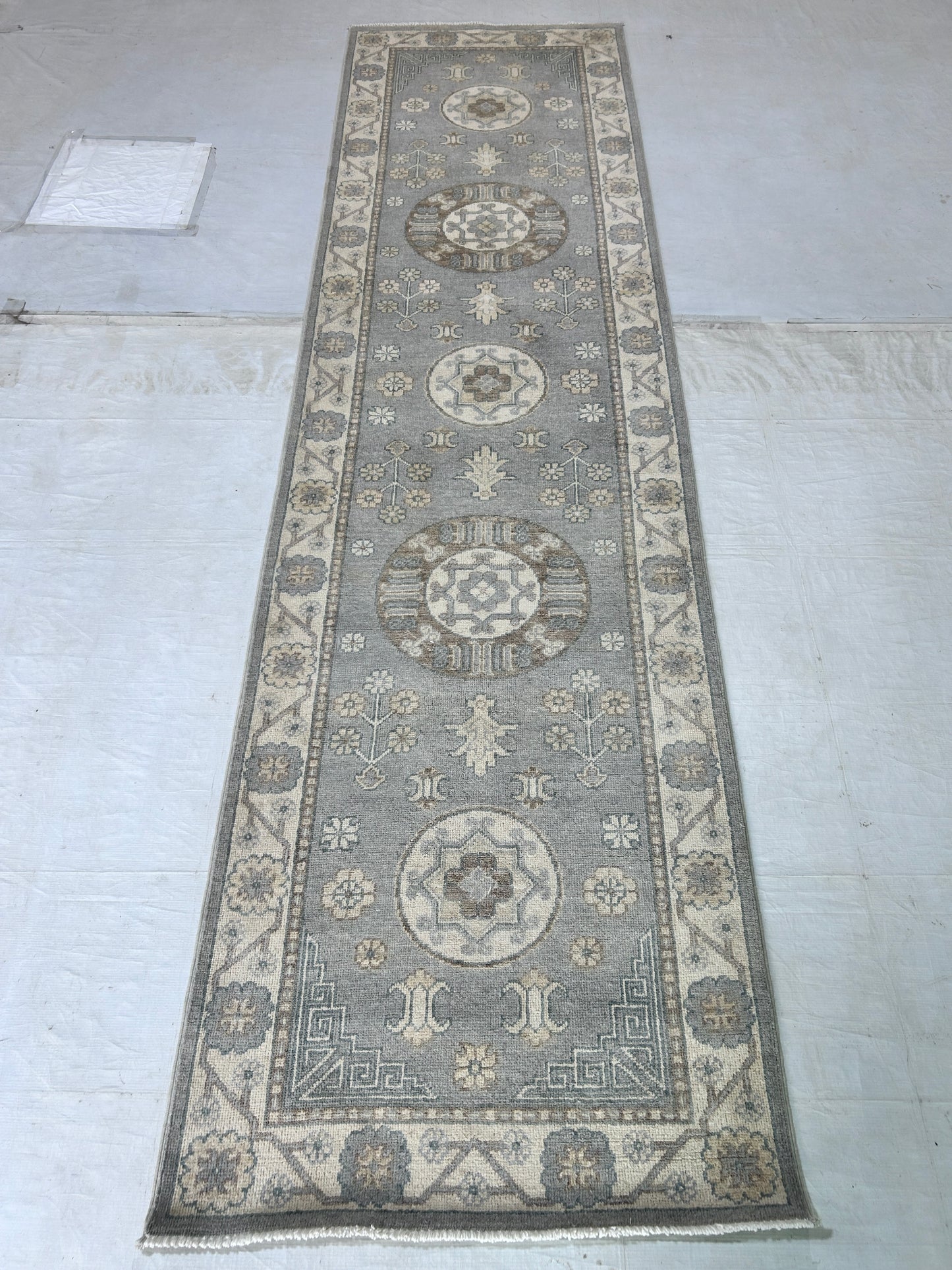 Sky Blue & Ivory Premium Handwoven Pure Wool Kotan Rug, 2ft 7in x 9ft 7in