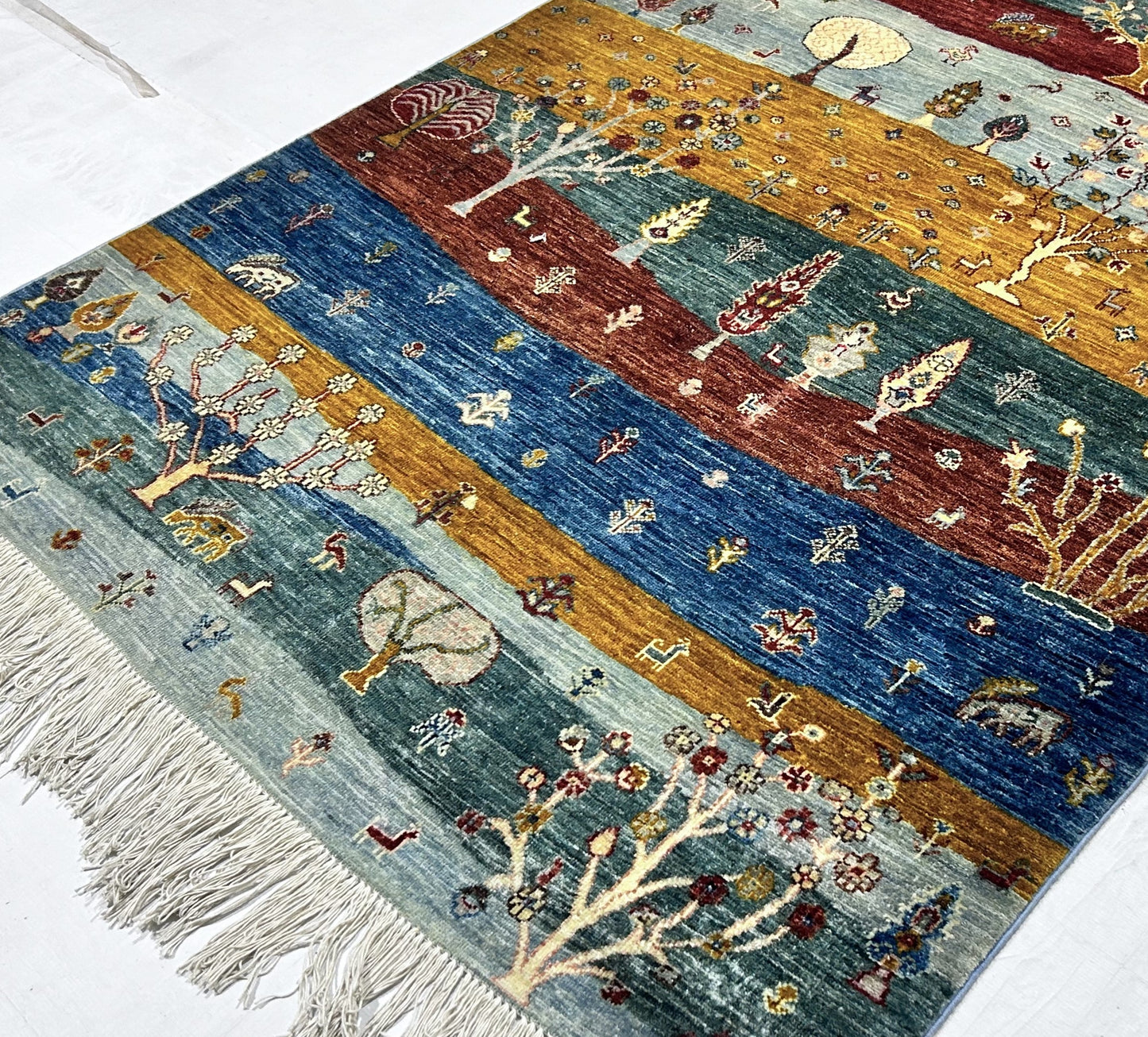 Green & Gold Premium Handwoven Pure Wool Gaba Rug, 4ft 11in x 6ft 6in