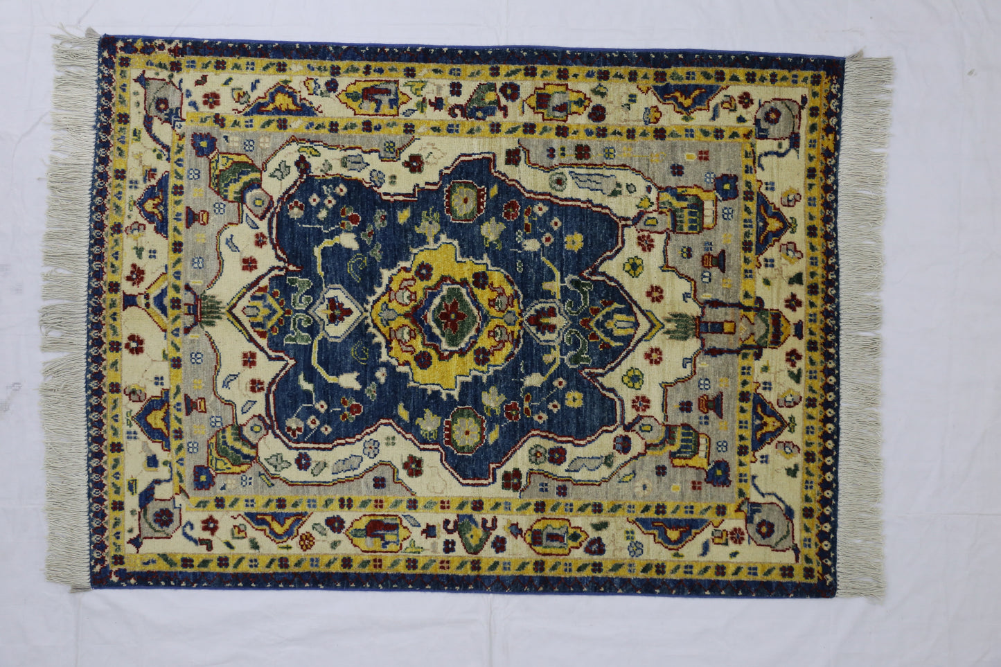 Blue & Ivory Premium Handwoven Pure Wool Chobrang Rug, 3ft 3in x 4ft 8in