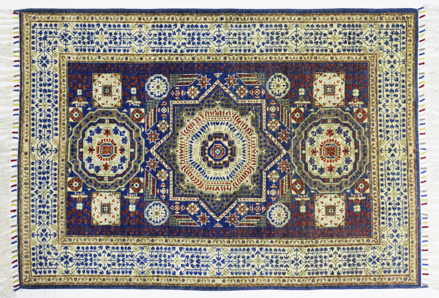 Blue & Ivory Premium Handwoven Pure Wool Mamlouk Rug, 4ft 1in x 5ft 11in