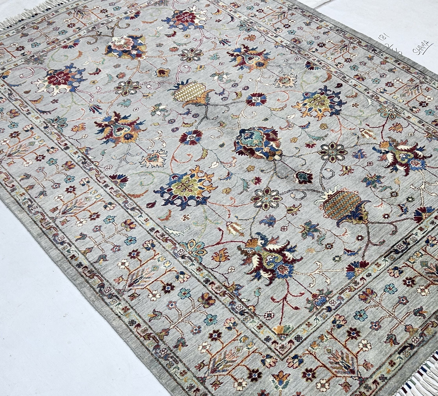 Grey & Navy Blue Premium Handwoven Pure Wool Sultani Rug, 5ft 7in x 8ft 1in
