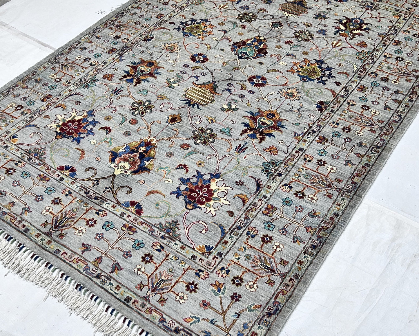 Grey & Navy Blue Premium Handwoven Pure Wool Sultani Rug, 5ft 7in x 8ft 1in