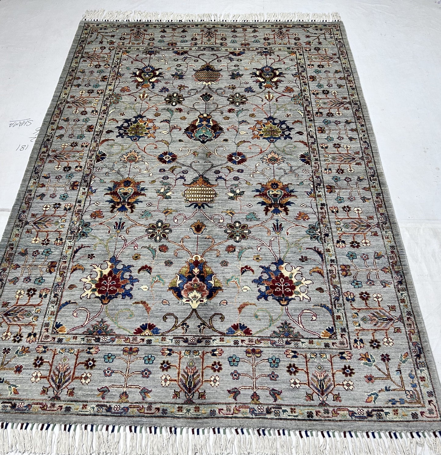Grey & Navy Blue Premium Handwoven Pure Wool Sultani Rug, 5ft 7in x 8ft 1in