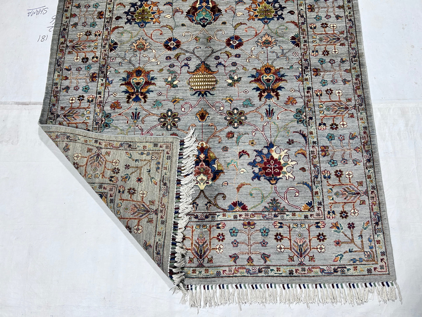 Grey & Navy Blue Premium Handwoven Pure Wool Sultani Rug, 5ft 7in x 8ft 1in