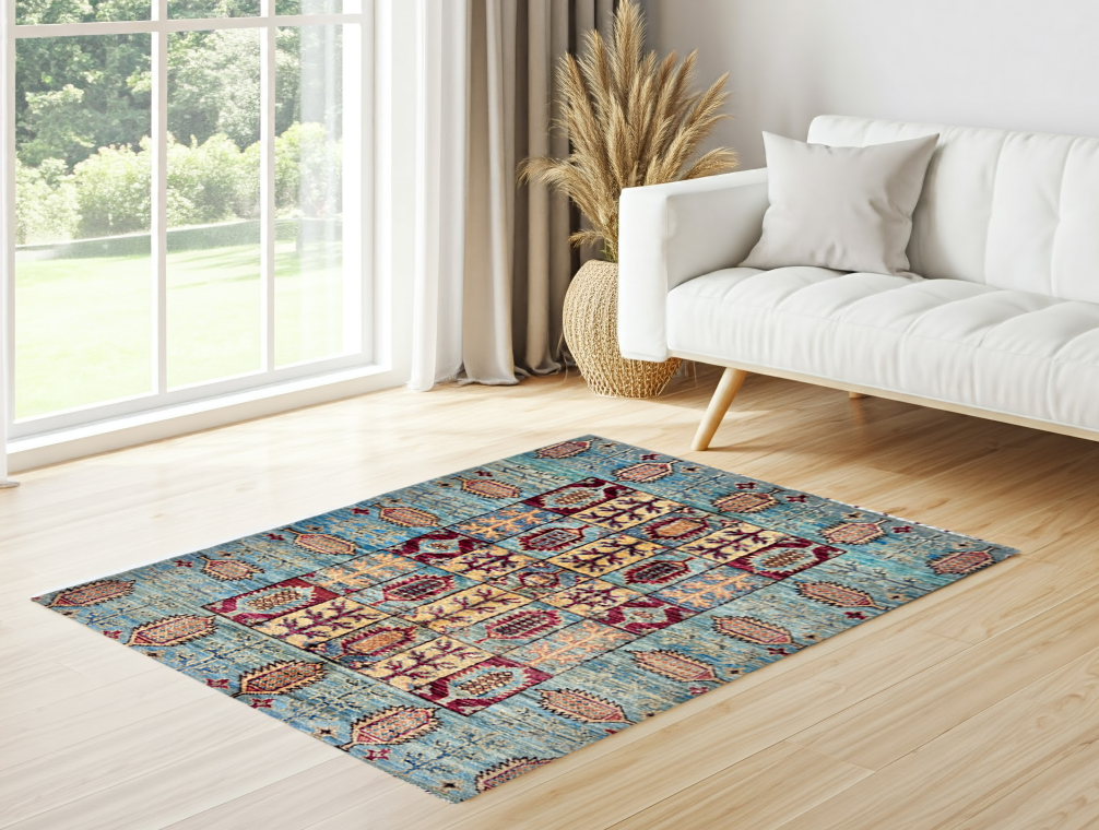 Sky Blue & Red Premium Handwoven Pure Wool Chobrang Rug, 3ft 2in x 4ft 8in