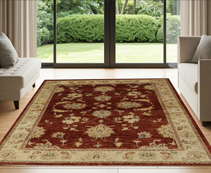 Red & Cream Premium Handwoven Pure Wool Chobrang Rug, 3ft 4in x 4ft 9in