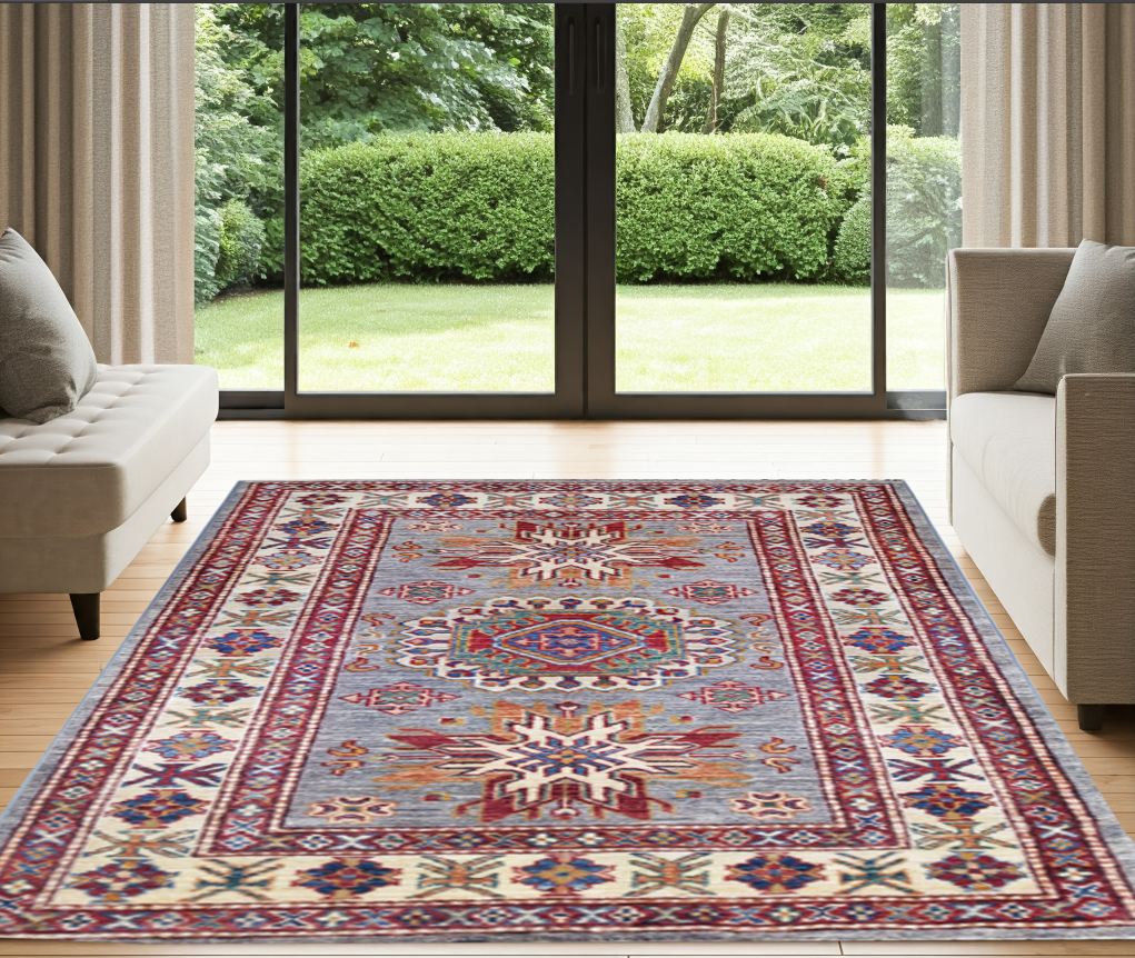 Grey & Ivory Premium Handwoven Pure Wool Super Kazak Rug, 2ft 10in x 4ft 8in