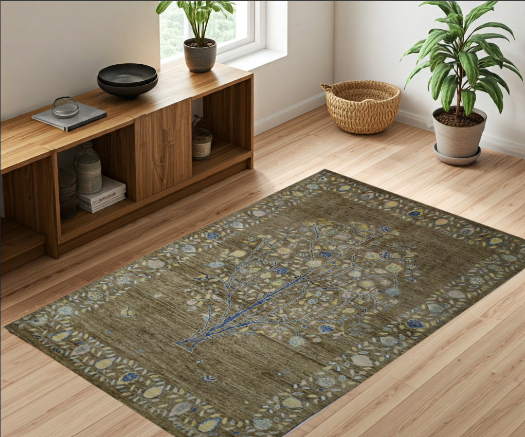 Brown & Sky Blue Premium Handwoven Pure Wool Gaba Rug, 4ft 10in x 6ft 3in