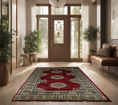 Red & Beige Premium Handwoven Pure Wool Bokhara Rug, 3ft 2in x 5ft 3in