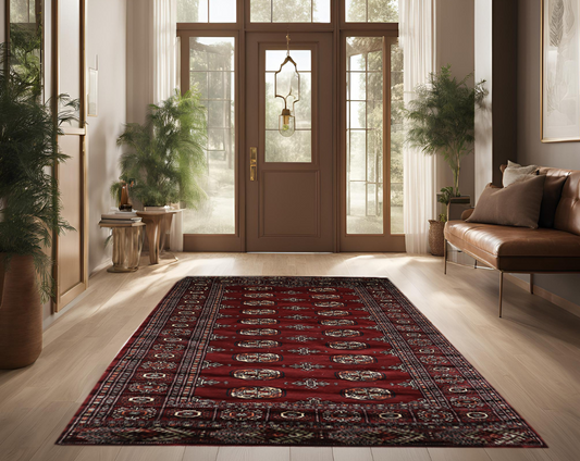 Red & Ivory Premium Handwoven Pure Wool Bokhara Rug, 4ft 1in x 6ft 3in