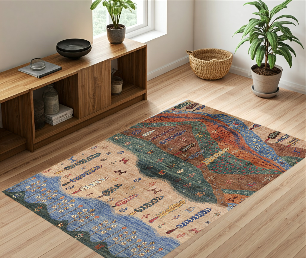 Copper & Sky Blue Premium Handwoven Pure Wool Gaba Rug, 5ft 2in x 6ft 8in