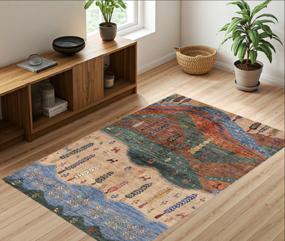 Copper & Sky Blue Premium Handwoven Pure Wool Gaba Rug, 5ft 2in x 6ft 8in