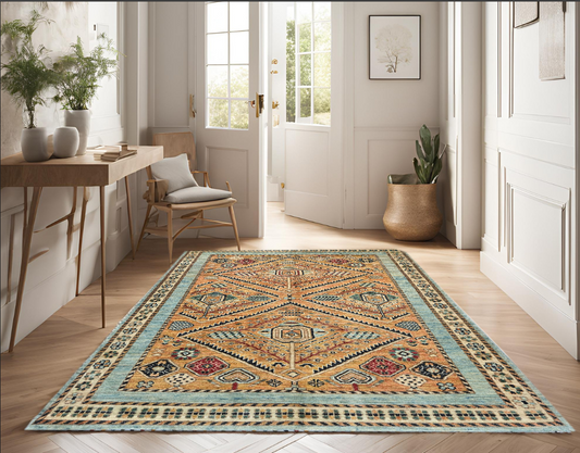 Sky Blue & Orange Premium Handwoven Pure Wool Chobrang Rug, 4ft 0in x 5ft 9in