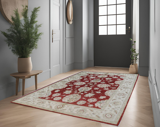 Red & Ivory Premium Handwoven Pure Wool Chobrang Rug, 5ft 6in x 8ft 0in