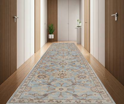 Sky Blue & Beige Premium Handwoven Pure Wool Chobrang Rug, 2ft 8in x 11ft 4in