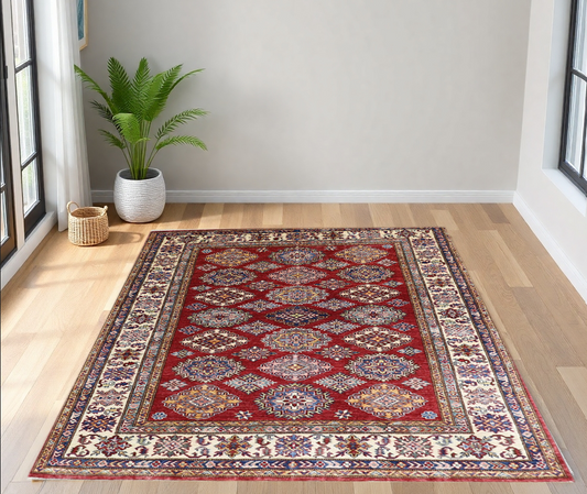 Red & Ivory Premium Handwoven Pure Wool Super Kazak Rug, 5ft 1in x 6ft 7in