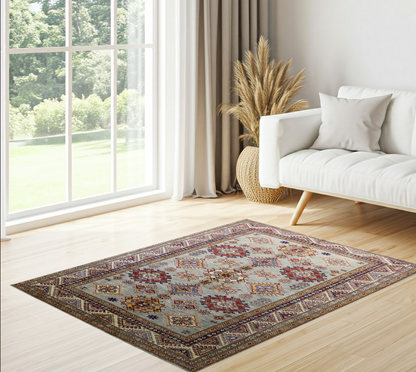 Tan & Blue Premium Handwoven Pure Wool Super Kazak Rug, 5ft 10in x 8ft 3in