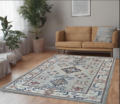 Silver & Ivory Premium Handwoven Pure Wool Kotan Rug, 4ft 0in x 6ft 1in