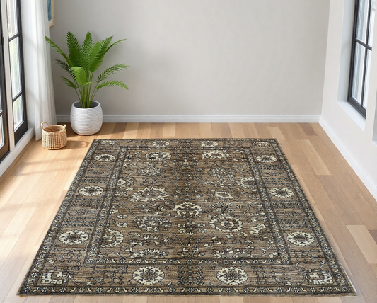 Brown & Ivory Premium Handwoven Pure Wool Chobrang Rug, 5ft 1in x 7ft 2in