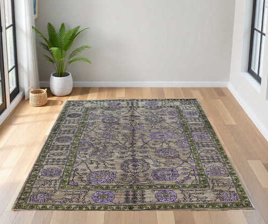 Brown & Lavender Premium Handwoven Pure Wool Chobrang Rug, 5ft 0in x 7ft 0in