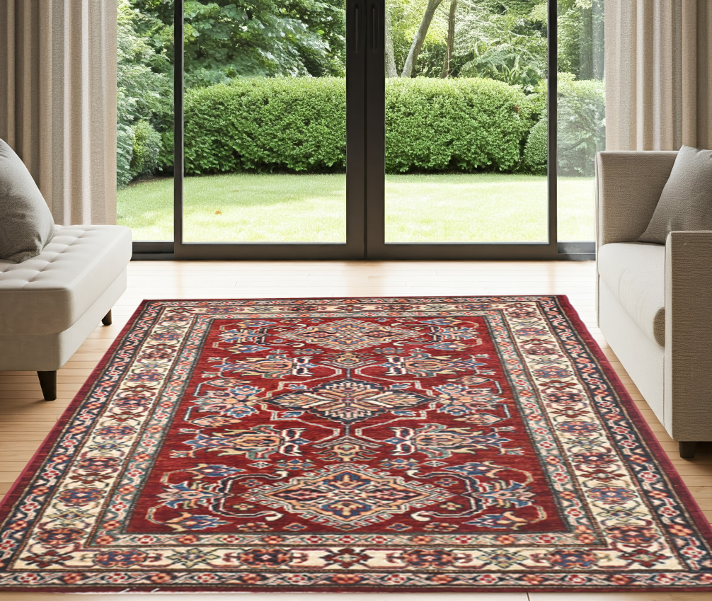 Red & Ivory Premium Handwoven Pure Wool Super Kazak Rug, 3ft 3in x 5ft 2in