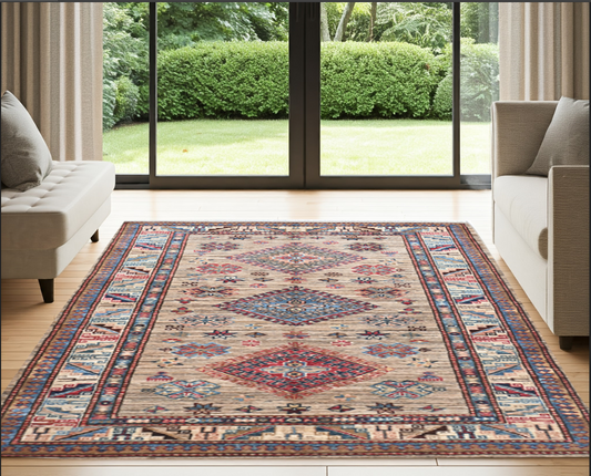 Brown & Ivory Premium Handwoven Pure Wool Super Kazak Rug, 3ft 4in x 5ft 1in