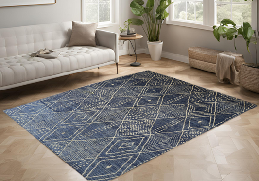 Blue & Beige Premium Handwoven Pure Wool Moroccan Rug, 5ft 10in x 8ft 10in