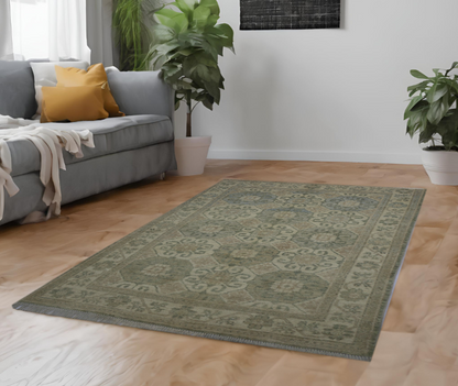 Green & Ivory Premium Handwoven Pure Wool Kotan Rug, 4ft 0in x 5ft 10in