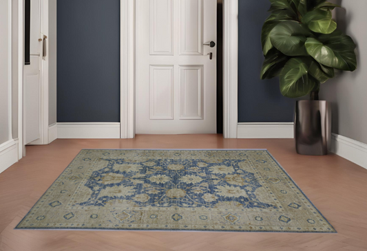 Blue  & Beige Premium Handwoven Pure Wool Aryana Rug, 4ft 0in x 5ft 9in