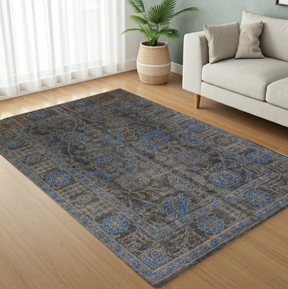 Charcoal & Blue Premium Handwoven Pure Wool Chobrang Rug, 5ft 0in x 7ft 5in