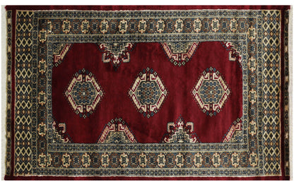 Red & Beige Premium Handwoven Pure Wool Bokhara Rug, 3ft 2in x 5ft 3in