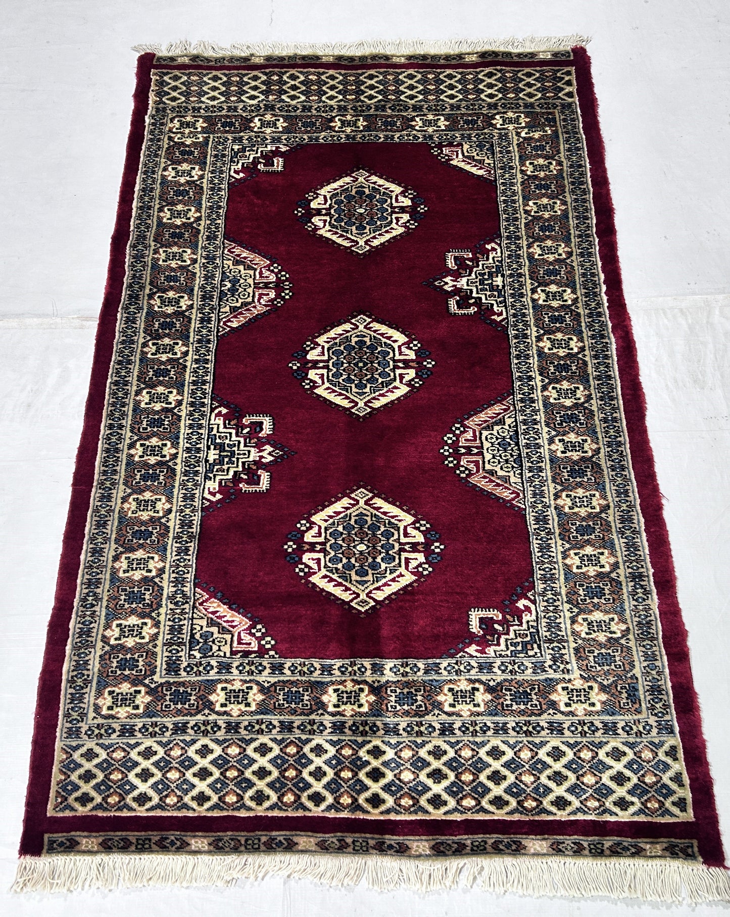 Red & Beige Premium Handwoven Pure Wool Bokhara Rug, 3ft 2in x 5ft 3in